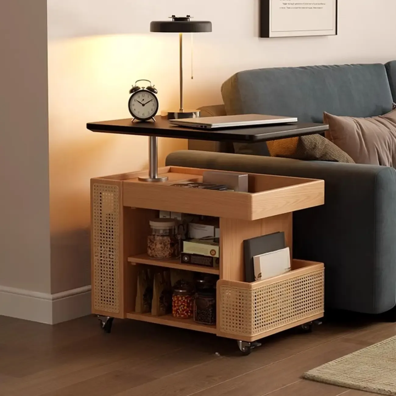 Nut-brown Adjustable Lift Top Wood Trolly Side Table