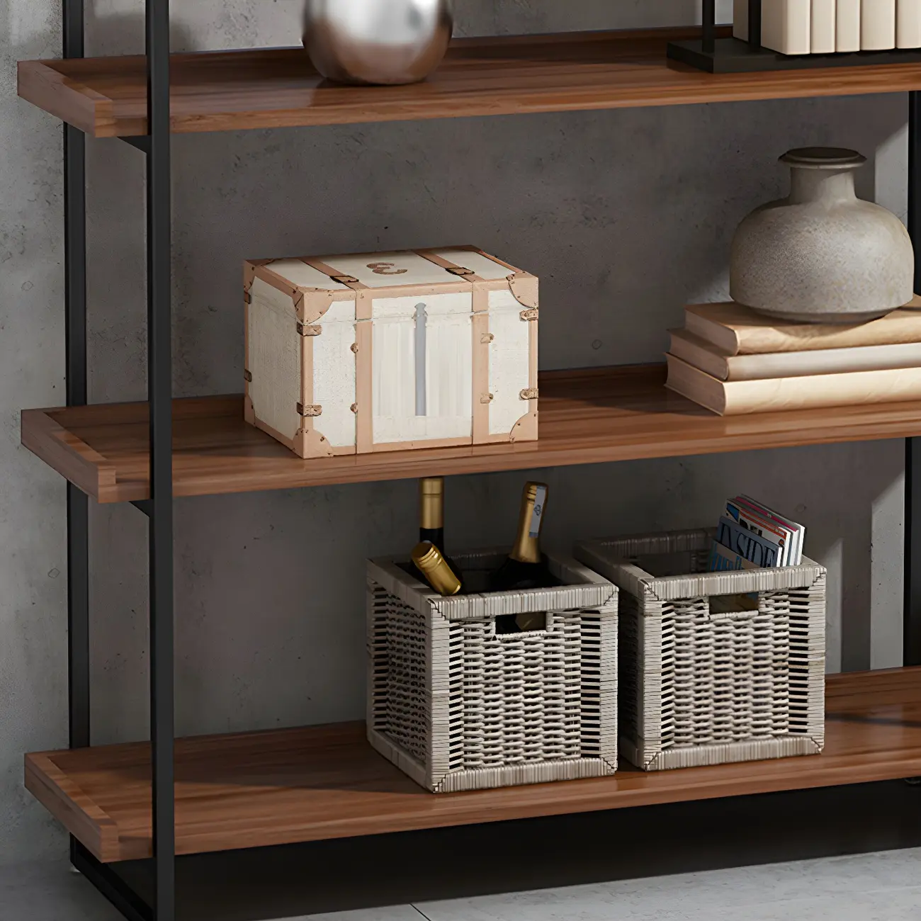 5-Shelf Industrial Metal Wood Brown Display Bookcase