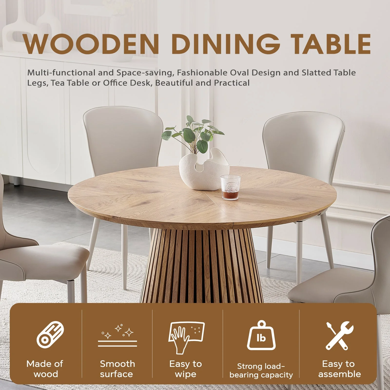 Modern Round Reeded Wooden Dining Table