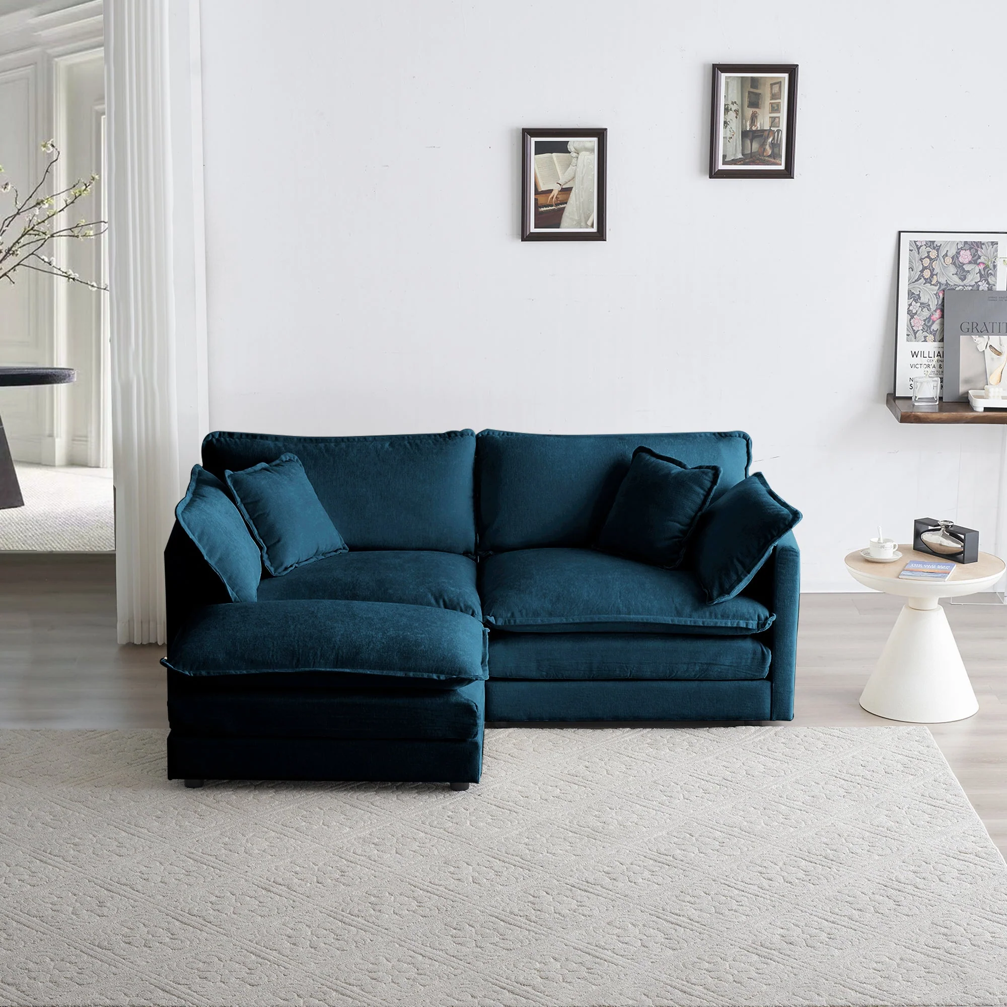 Walker Edison | Teal Cloud Chenille Two-Seater Loveseat Sofa with Ottoman