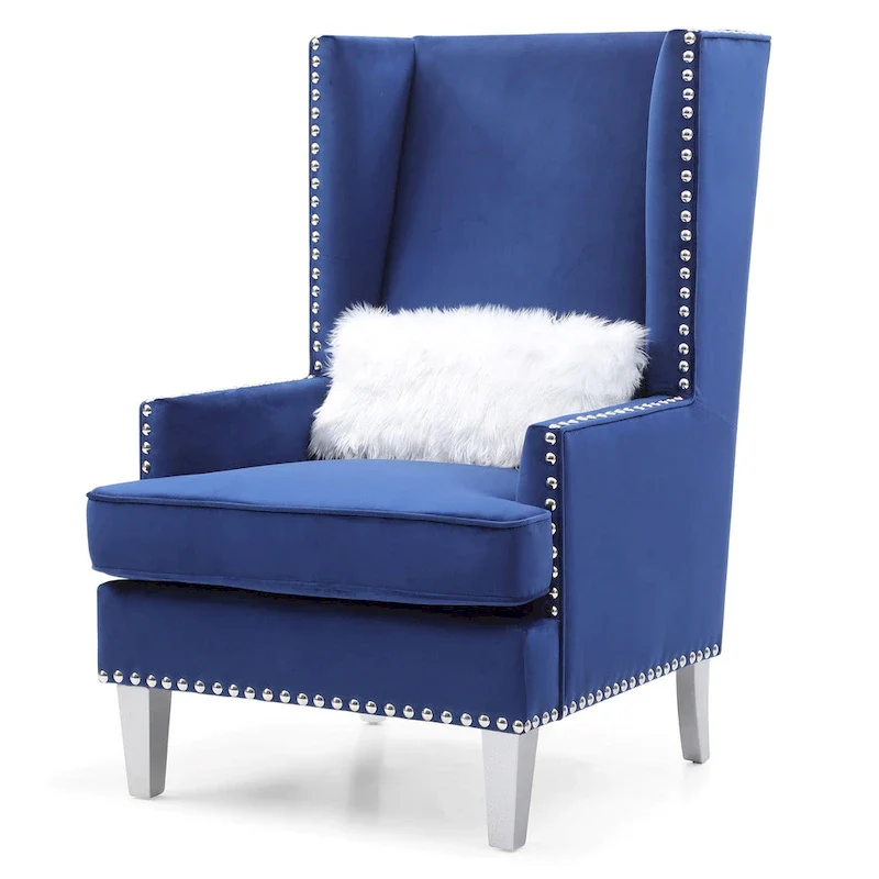 Velvet High Back Accent Chair with Fur Pillow - 47 - Blue