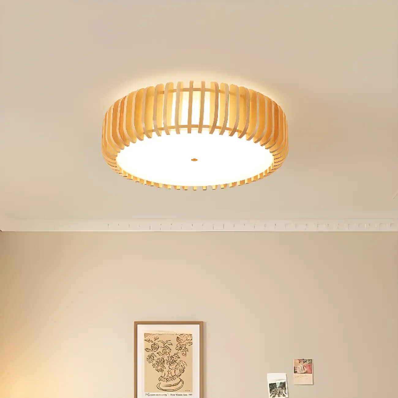 Natural Wood Circular Dimmable LED Flush Mount Ceiling Light