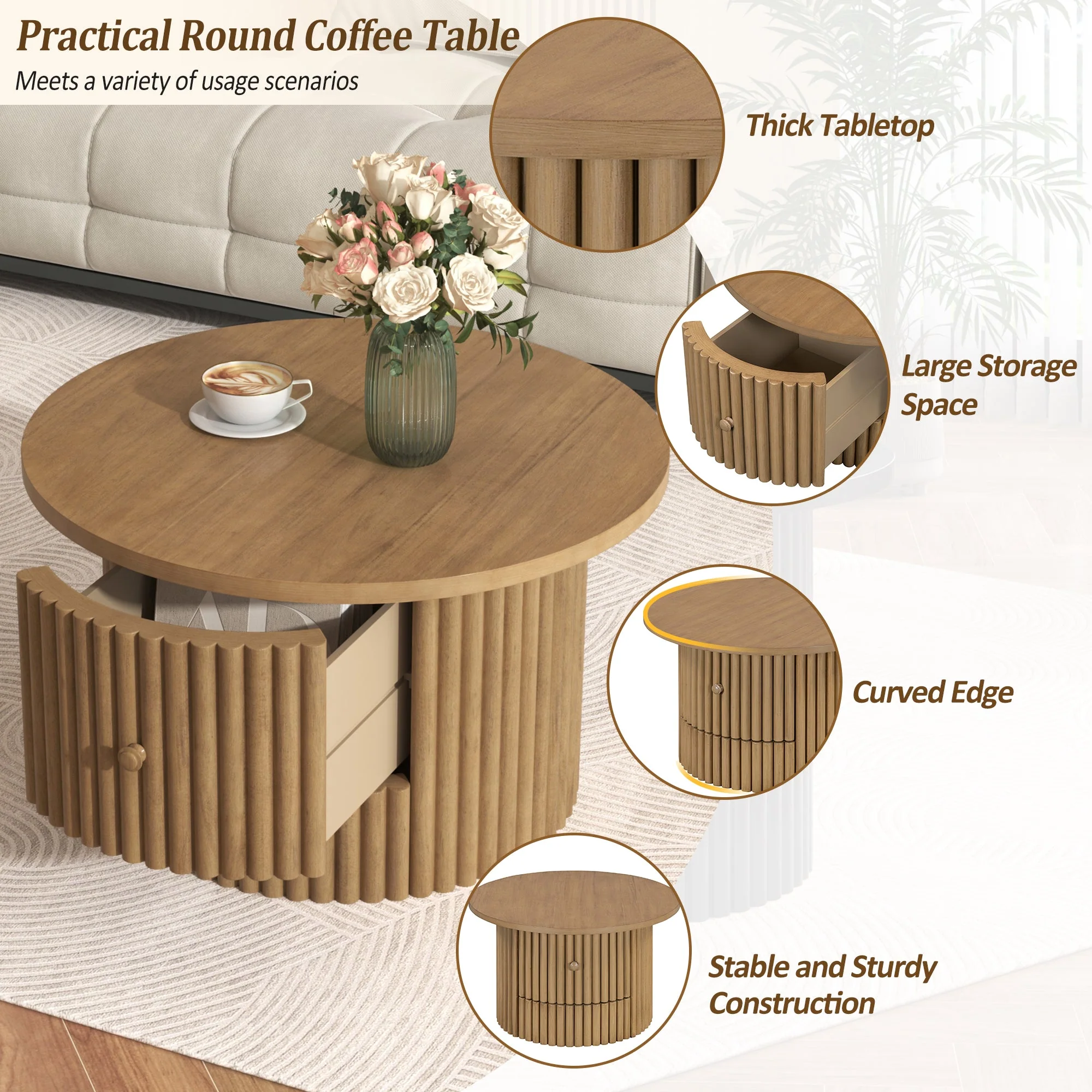 Walker Edison | Reeded Round Coffee Table with a Drawer