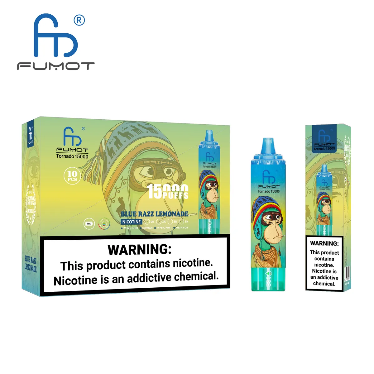 Fumot Tornado 15000 Blue Razz Lemonade – 10er-Displaybox mit Einweg-Vape und Einzelpackung