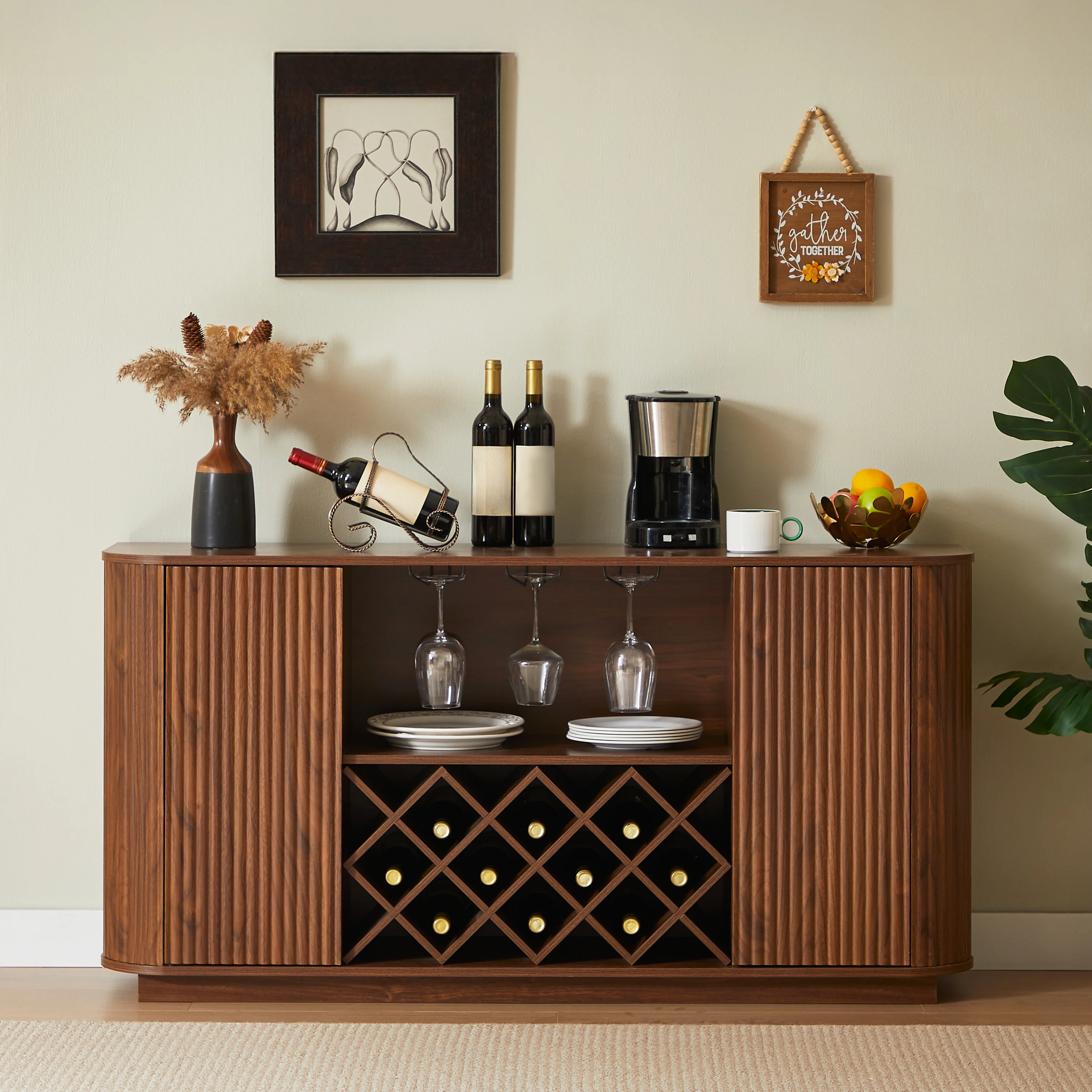 Modern Fluted Curve 58' Wine Rack Bar Cabinet / Sideboard