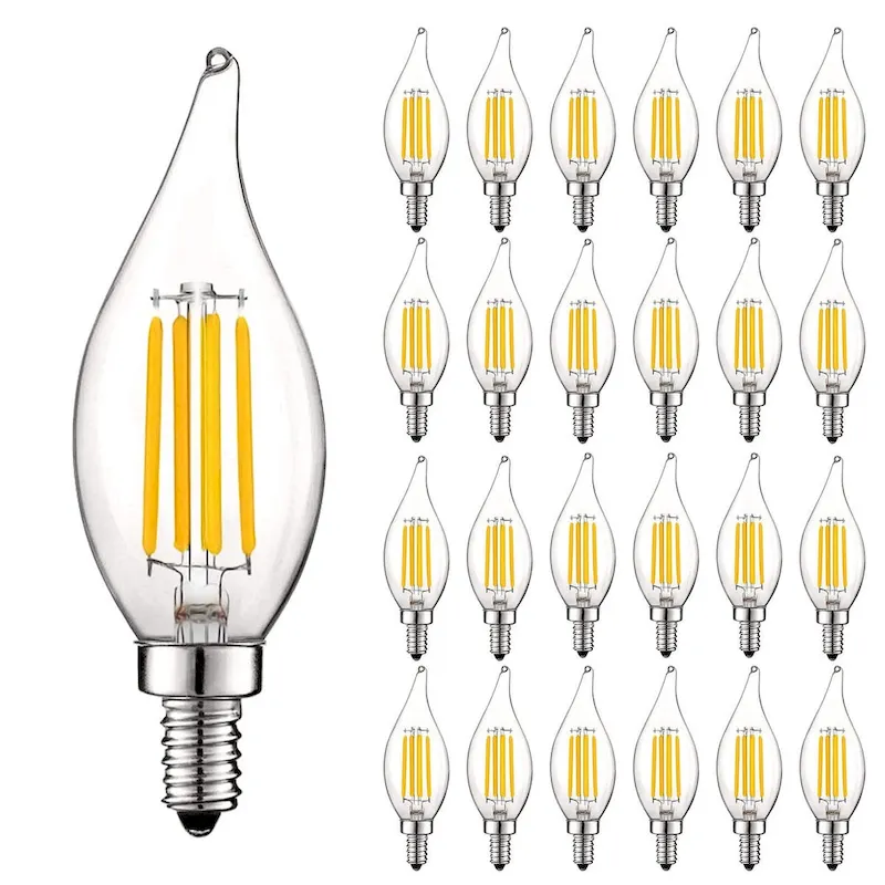 Luxrite 5W Vintage Candelabra LED Bulbs Dimmable, 550 Lumens, 60W Equivalent, Clear Glass, E12 Base (24 Pack)