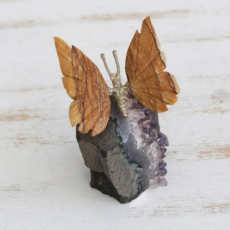 NOVICA Handmade Earthen Wings Jasper And Amethyst Gemstone Figurine (Brazil) - 3.1  H x 2.8  W x 2  D