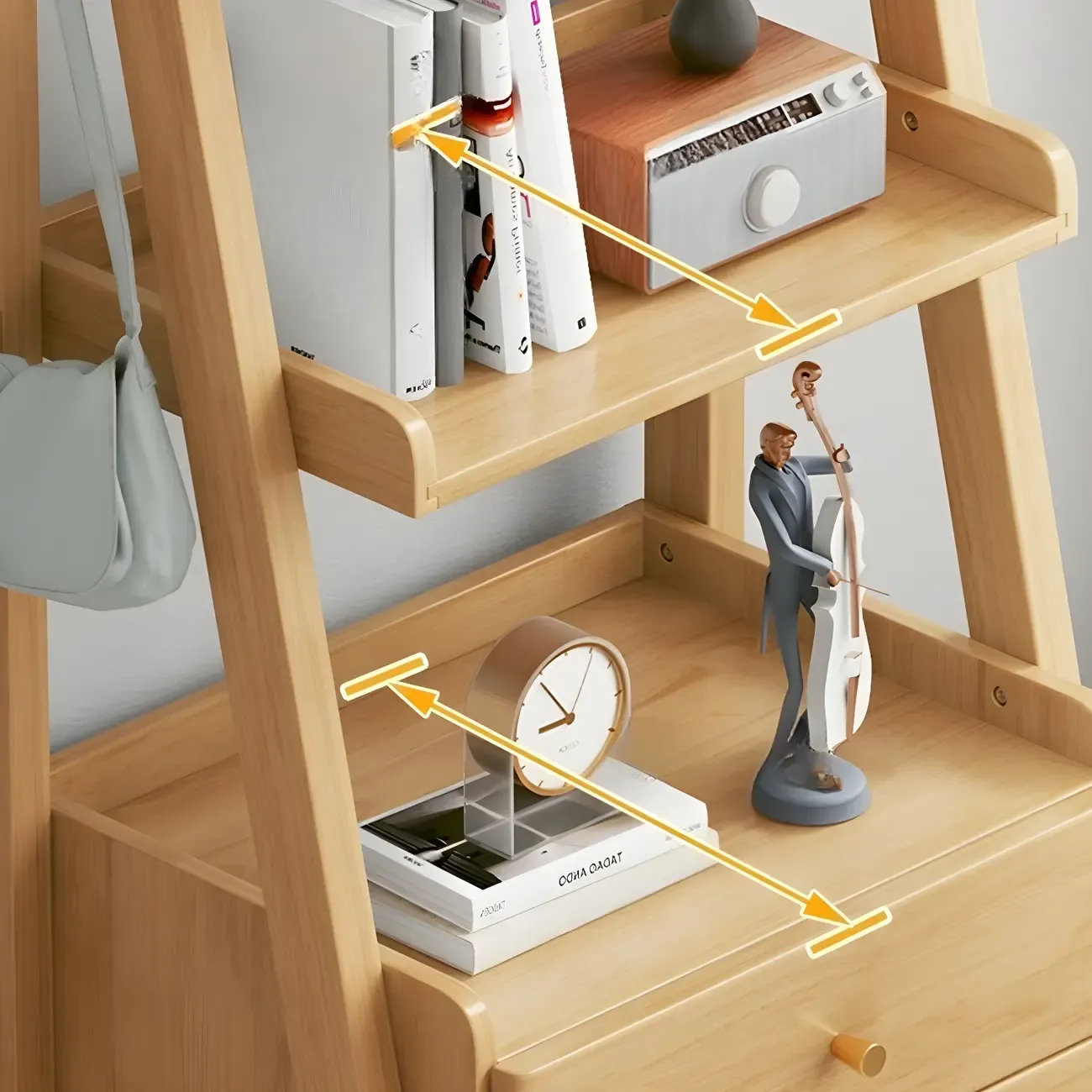 3-Tier Nut-Brown Wood Ladder Open Bookcase with Drawers