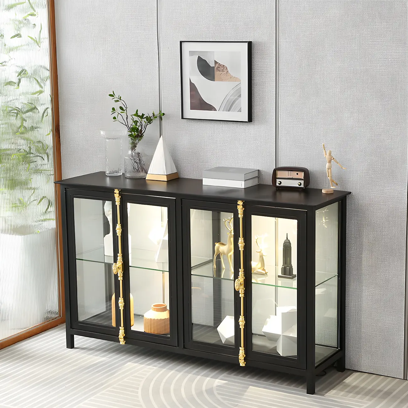 Glam Black Metal Frame Glass Curio Cabinet