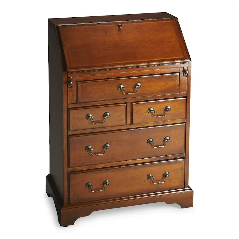 26 Brown Rubberwood Wood Secretary Desk With Five Drawers