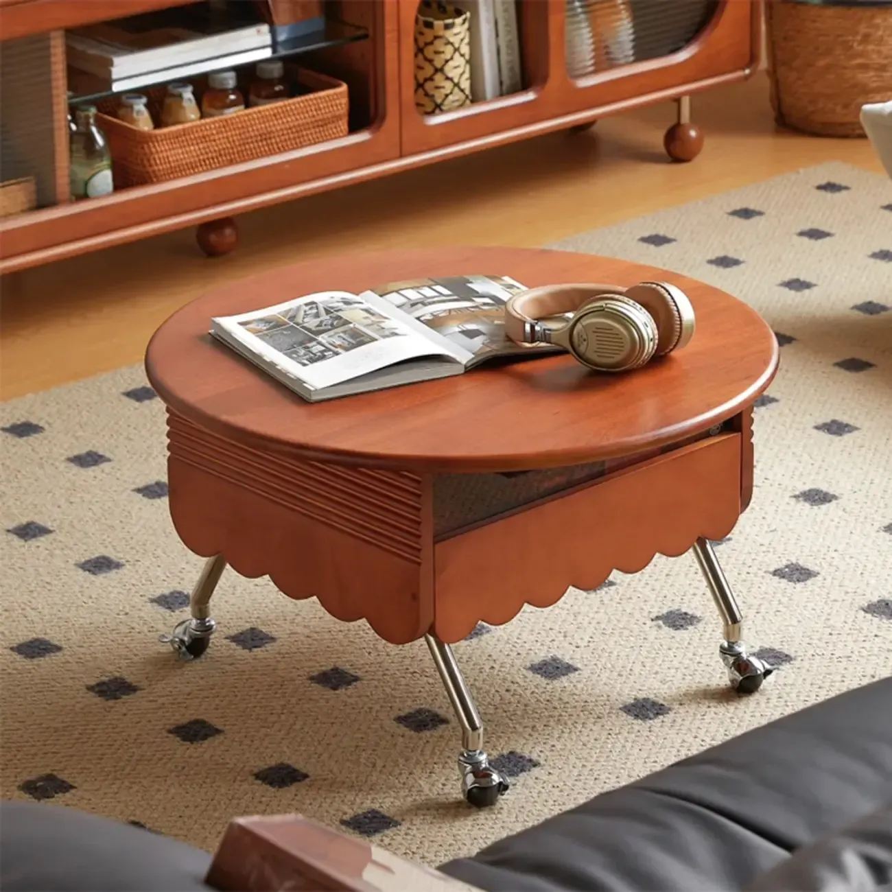 Adjustable Walnut Wood Flower Shaped Coffee Table with Wheels