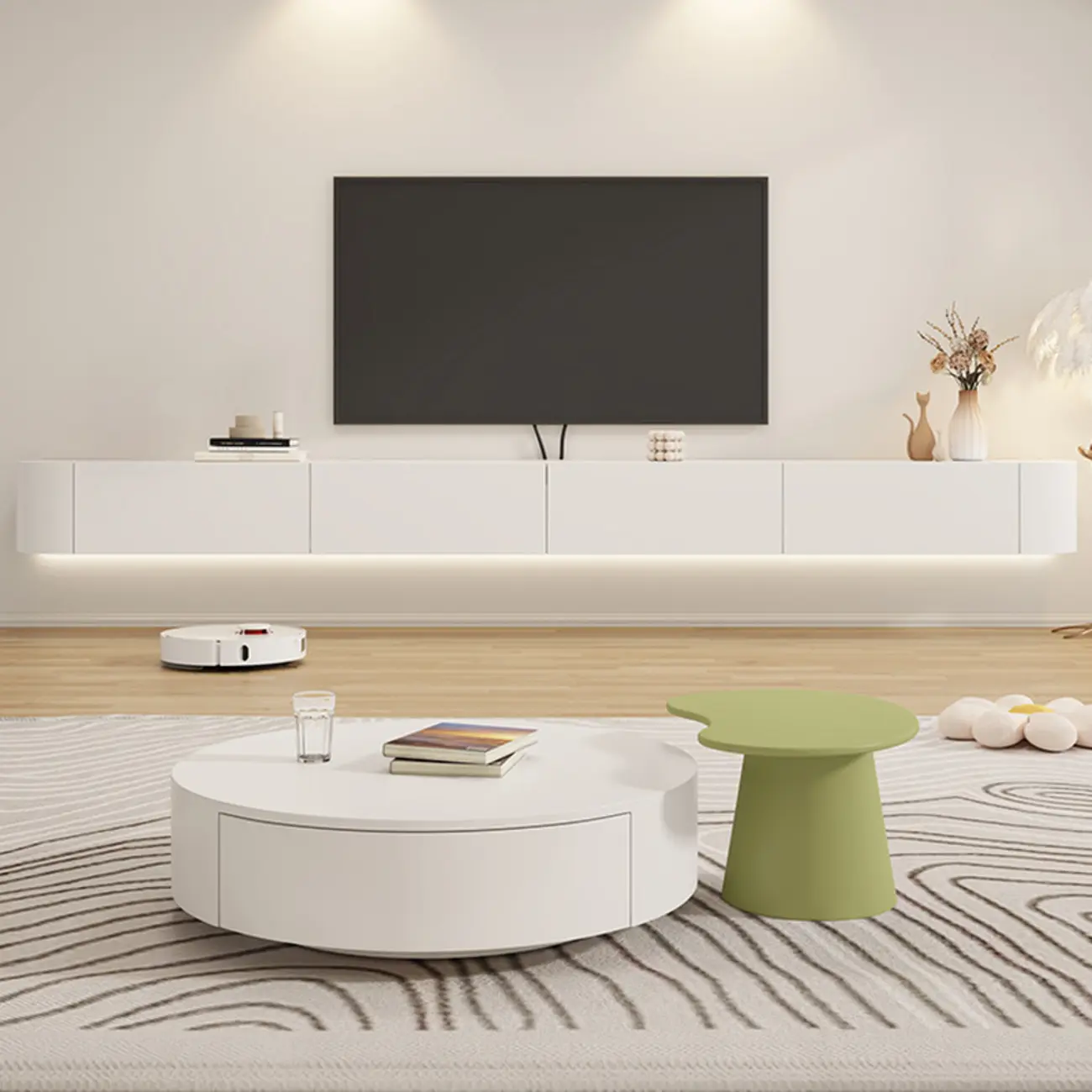 79 White Wood Floating Storage TV Stand with LED Lights