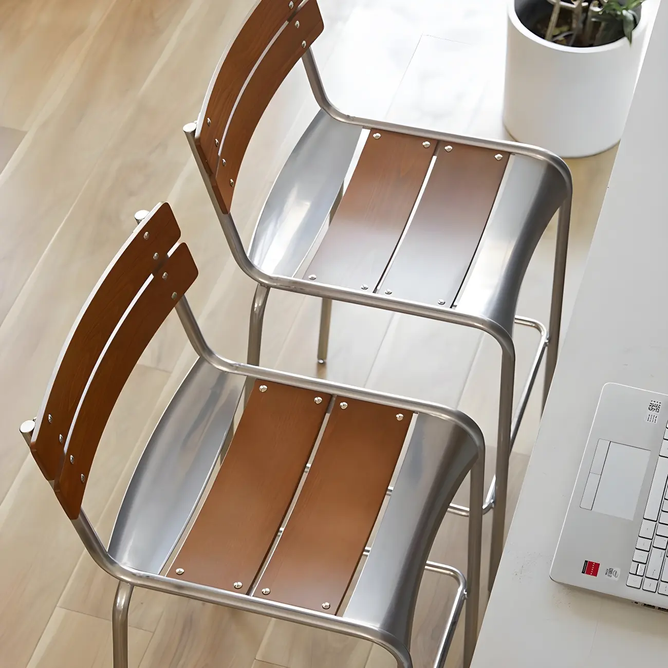 Modern Metal Frame Sleek Wood Back Stackable Bar Stool
