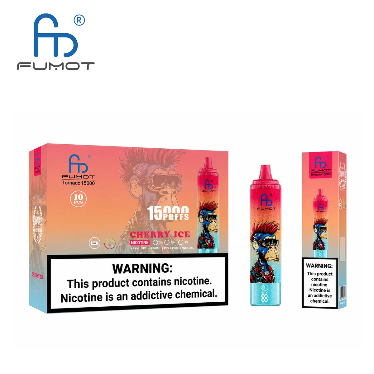 Fumot Tornado 15000 Cherry Ice – 10er-Displaybox mit Einweg-Vape und Einzelpackung