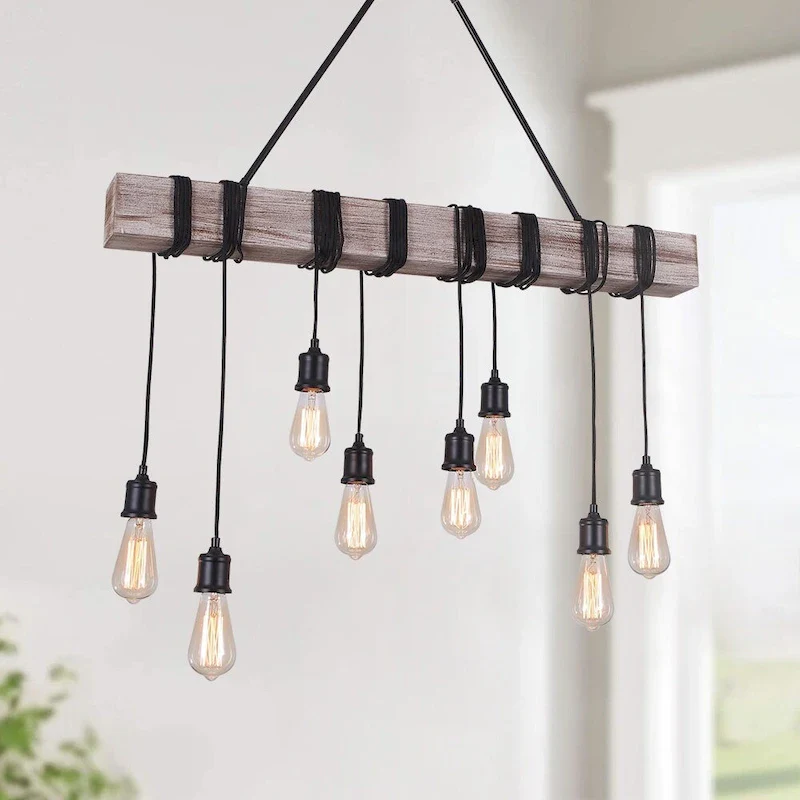 8-light Wooden Rope Kitchen Island Linear Pendant - Black