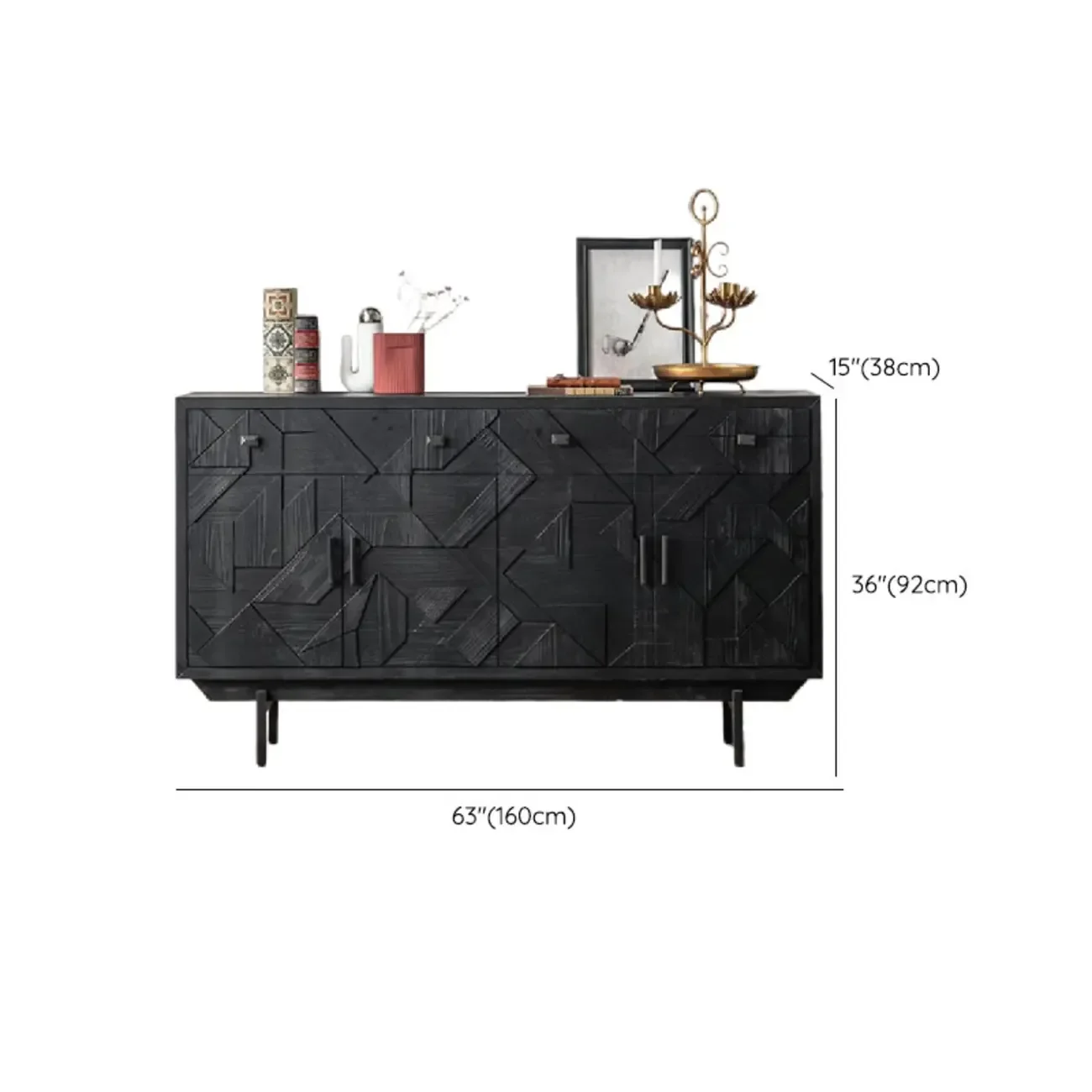 Mid-Century Rectangle Black Distressed Wood Carved Cabinet