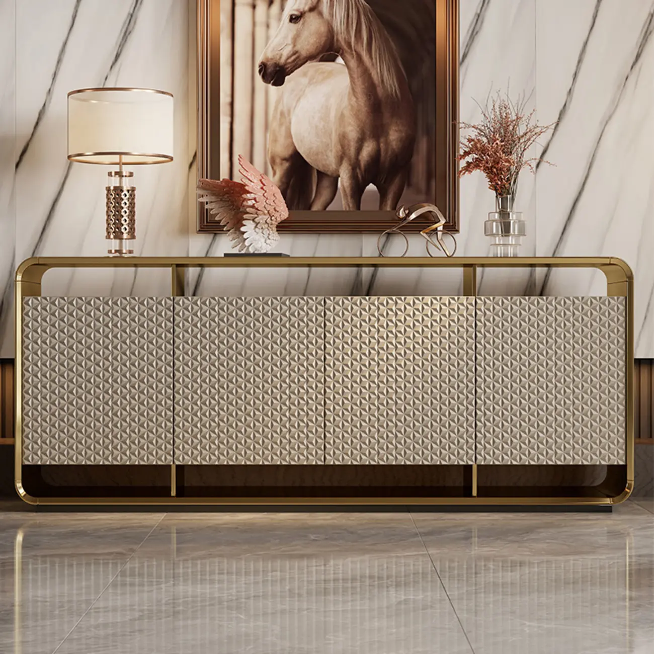 Glam Metal and Wood Sideboard with Shelves