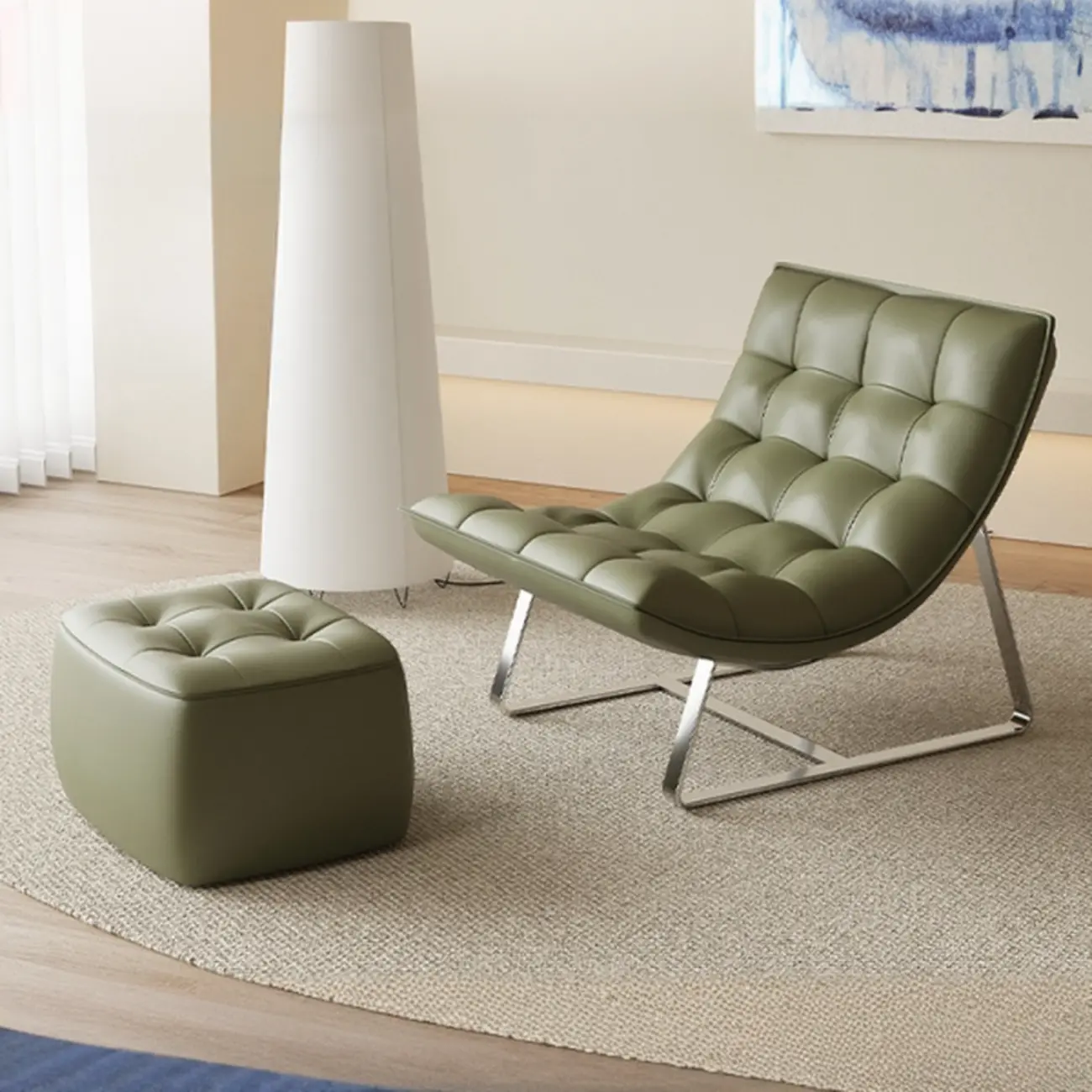 Modern Tufted Leather Accent ArmChair with Ottoman