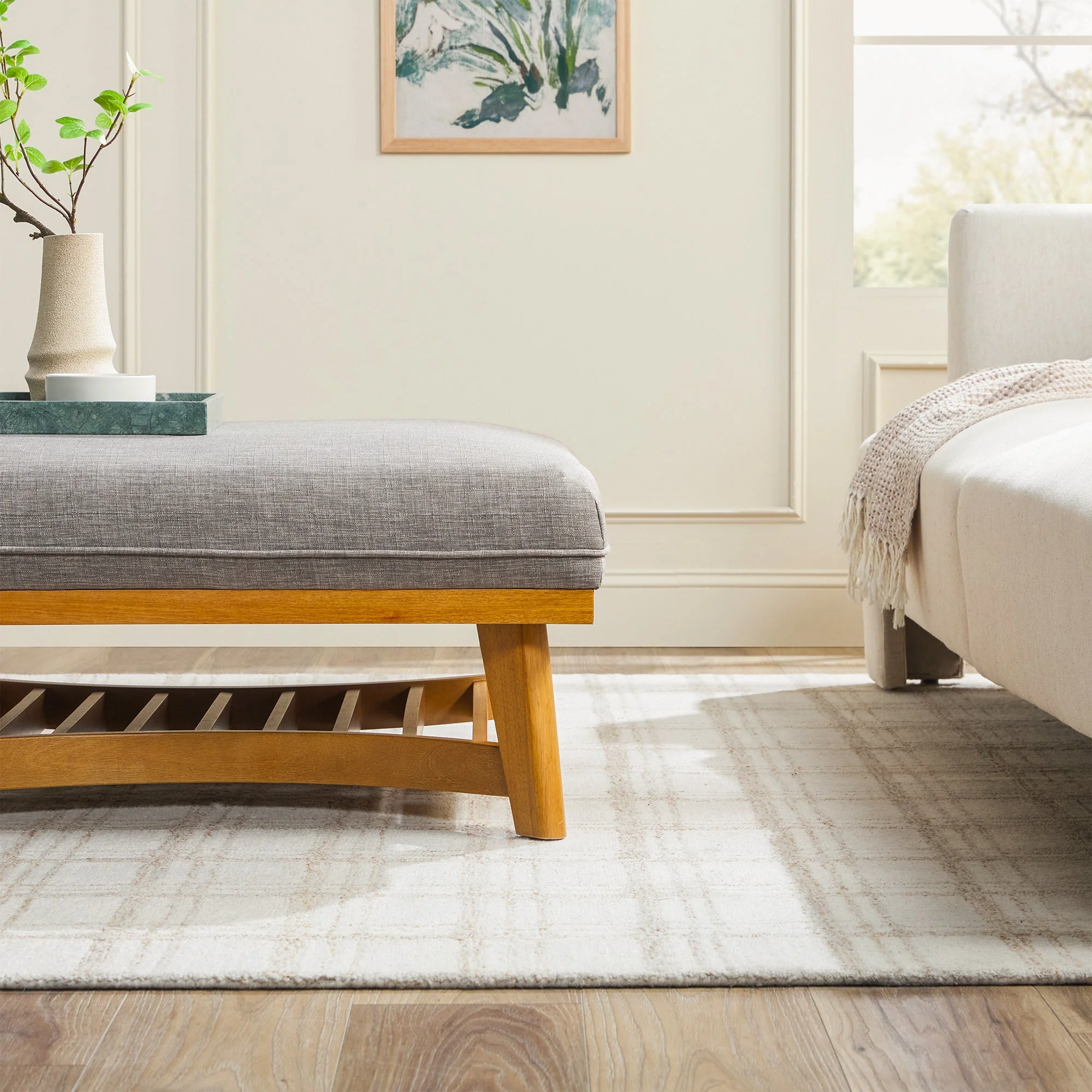 Nash Modern Farmhouse Easy Assembly Linen Large Ottoman