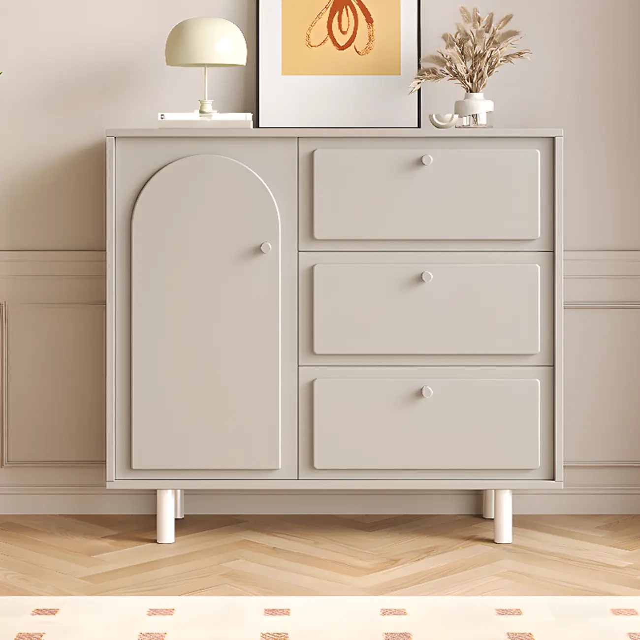Dove Grey Wood Cabinet with Drawers for Living Room Storage