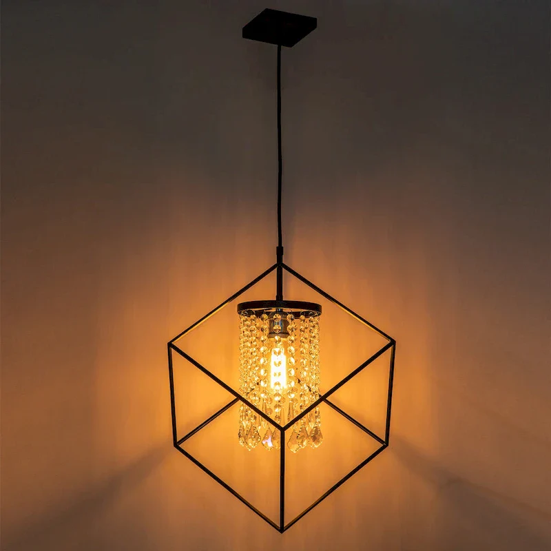 C Cattleya 1-Light Black Geometric Hanging Pendant Light with Cylinder Crystal Beads Shade