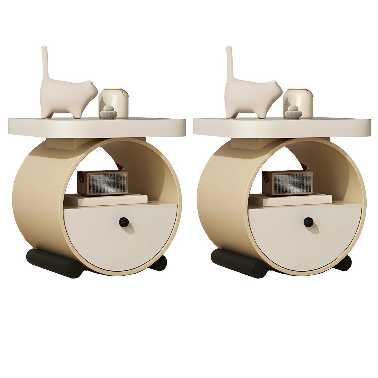 Khaki Beige Round Wooden Nightstand with Shelf & Drawer