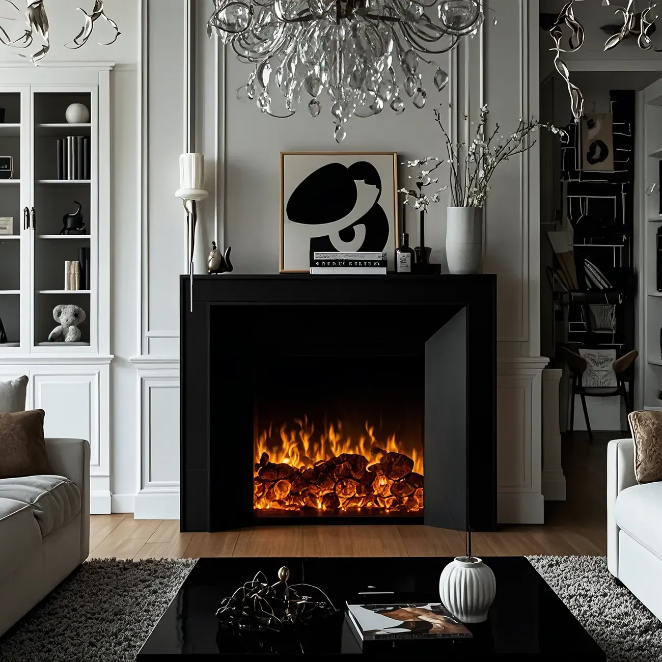 Rectangle White Solid Wood TV Stand with Fireplace & Lights