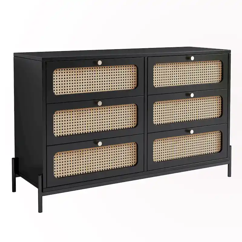 6-Drawer Rattan Wood Nightstand