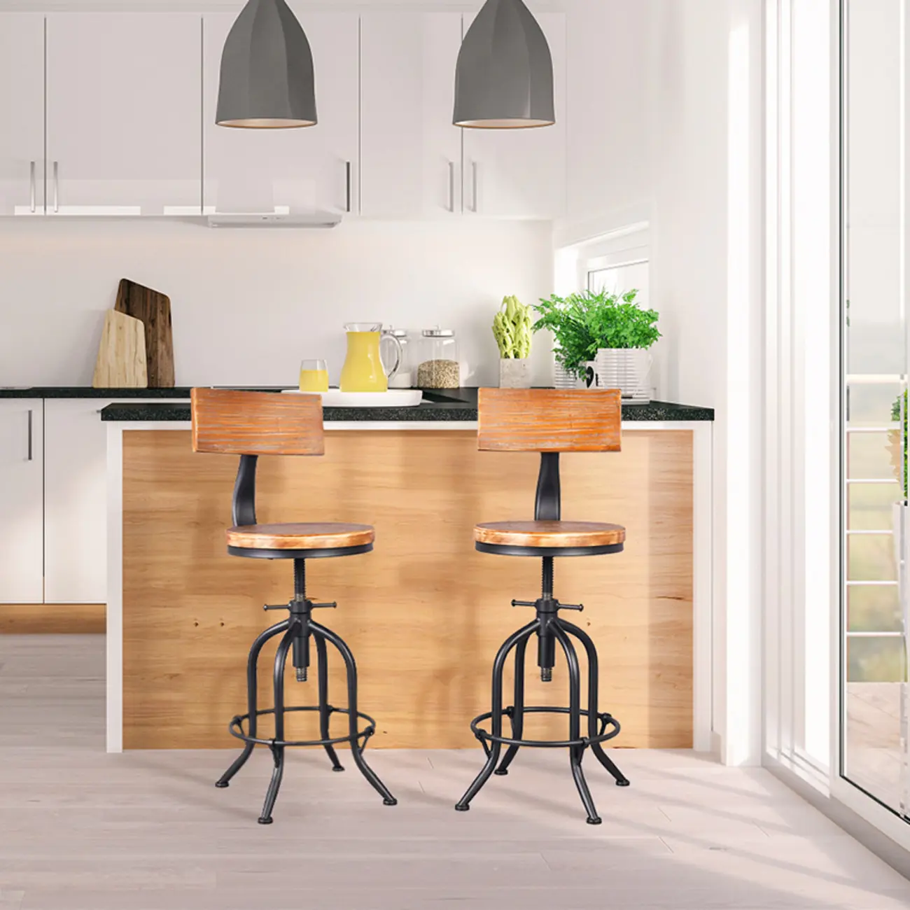 Industrial Round Adjustable Wooden Metal Bar Stools With Backs