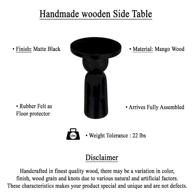 Tia 12 Inch Round Side End Table with Turned Pedestal Base, Mango Wood in Matte Black Finish