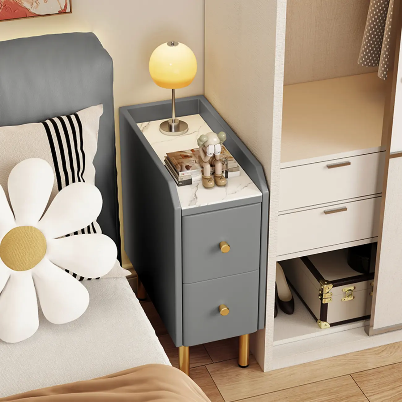 Trendy Narrow Stone Countertop 2 Tiers Drawer Nightstand