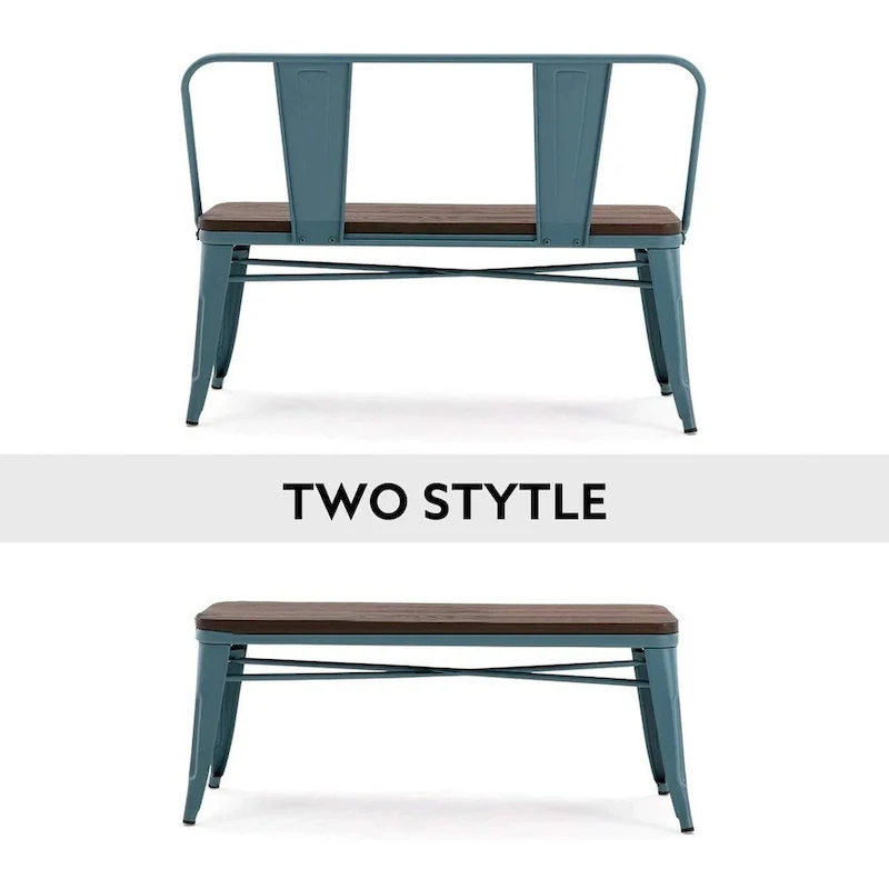 Dining Bench, Entryway Bench with Back, Farmhouse Metal Dining Bench, Industrial Mid-Century 3 Person Bench, Wood Seat