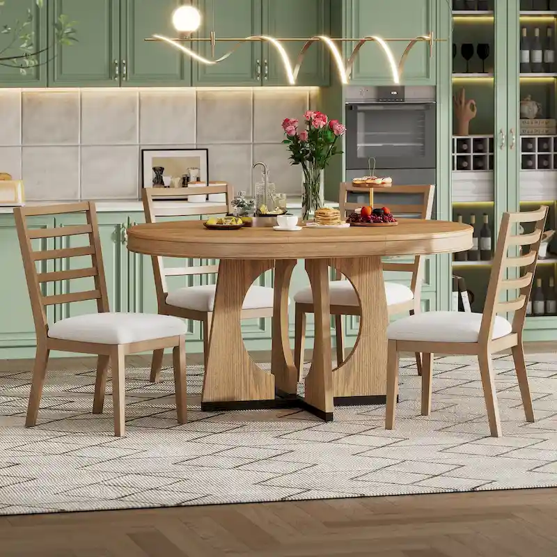 5-Piece Rustic Functional Dining Set, 1 Extendable Table with a 16-inch Leaf and 4 Upholstered Chairs