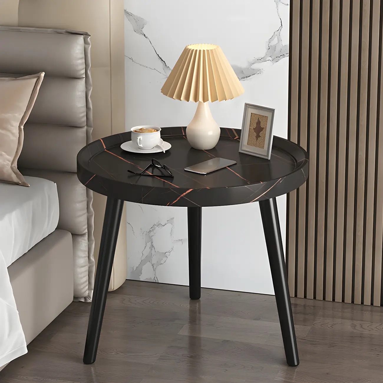 Natural Espresso Wood Small Round End Side Table with Tray Top & Shelf