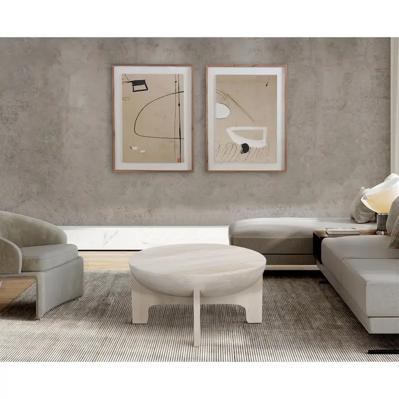 Tomas 32 Inch Coffee Table, Mango Wood Drum Top, Classic Washed White