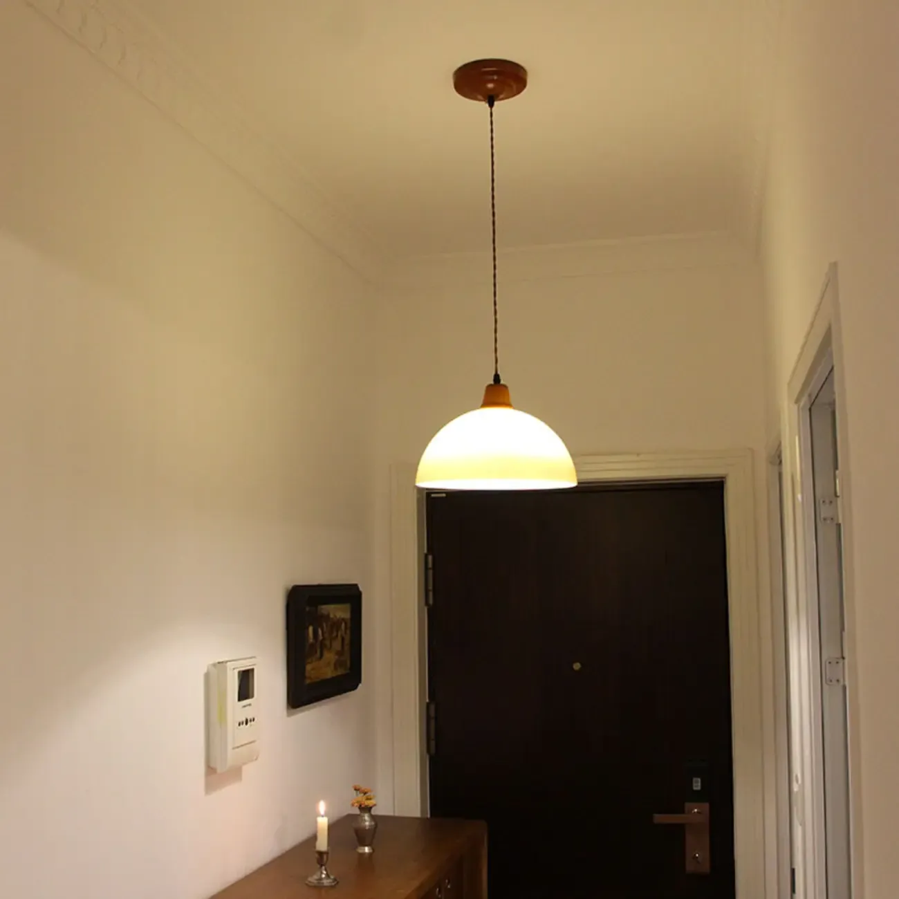 White Glass Wood Rope Round Pendant Light