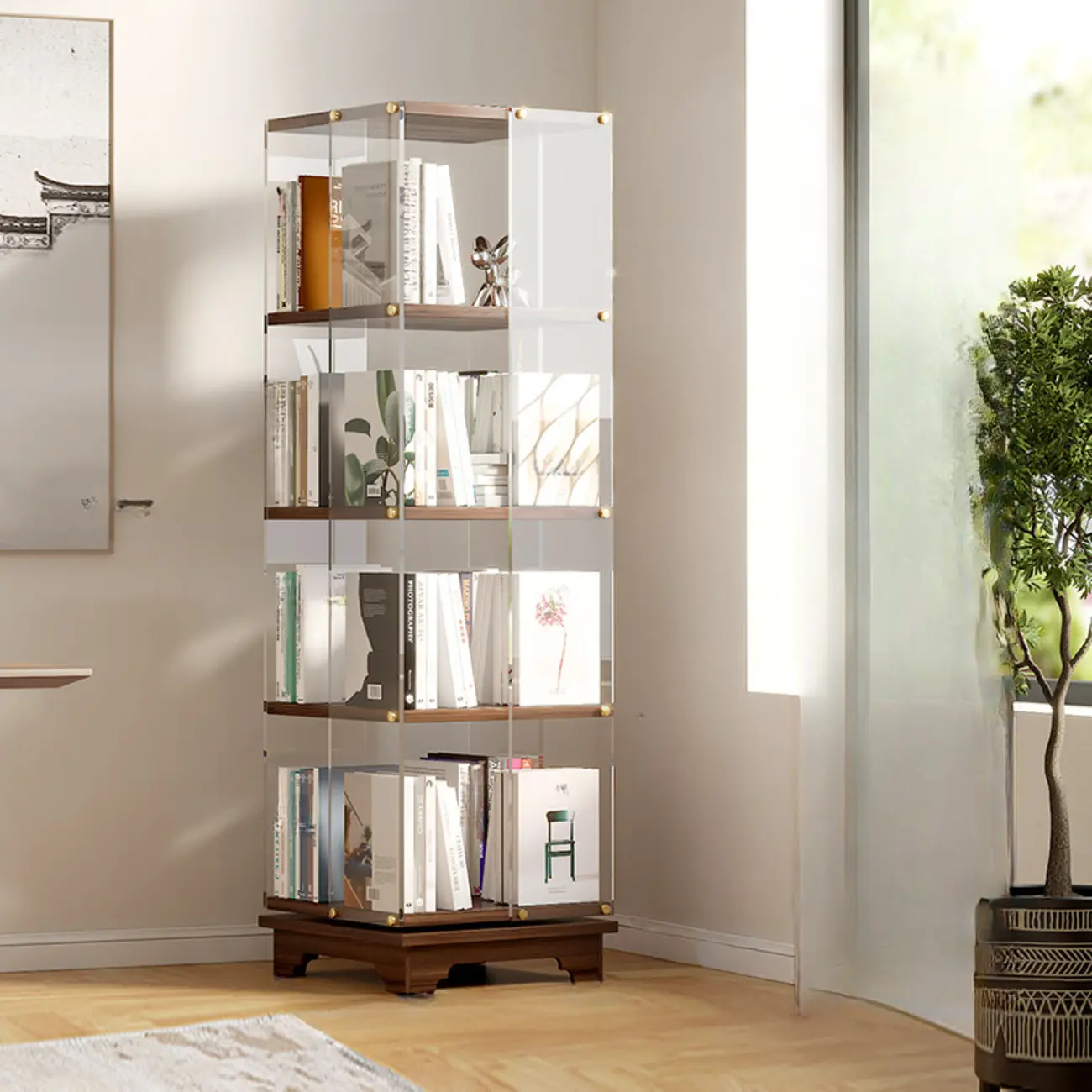 Art Deco Square Timber Shelf Glass Panel Swivel Chest