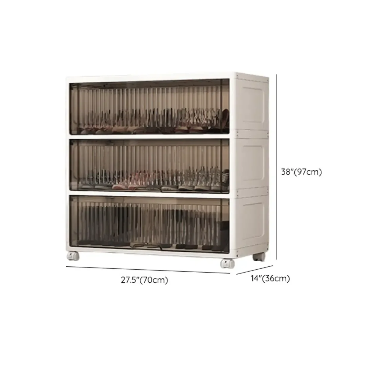 Hallway White Plastic Drop-Front Shoe Cabinet with Casters