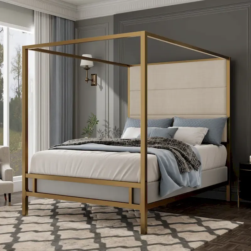 Sleek Modern Metal Canopy Bed with Tall Linen Upholstered Headboard
