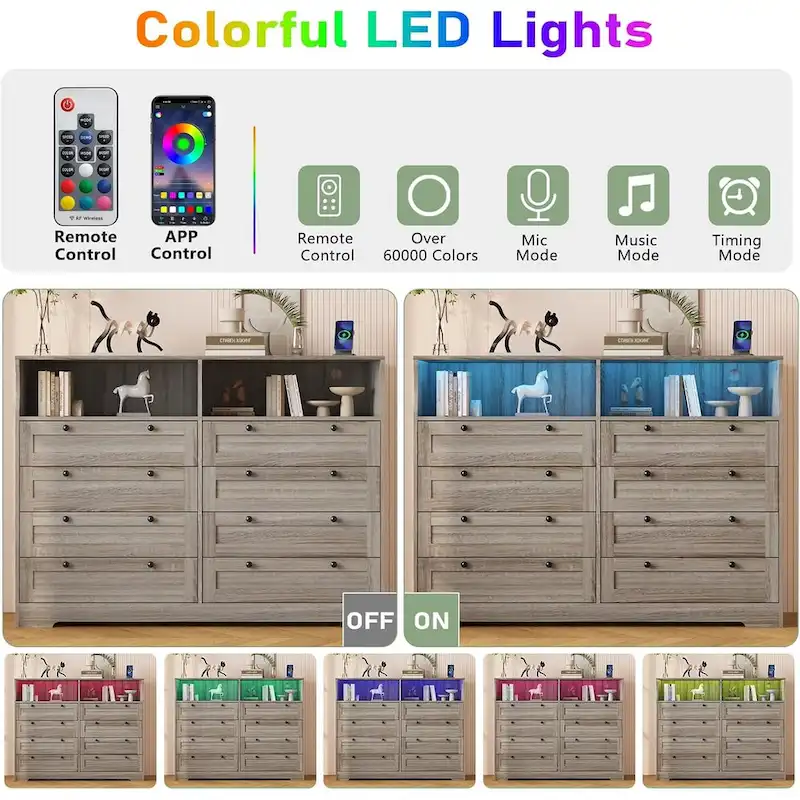 Modern Wood Dresser with 8 Drawers, Bedroom Dresser with Charging Station & LED Lights