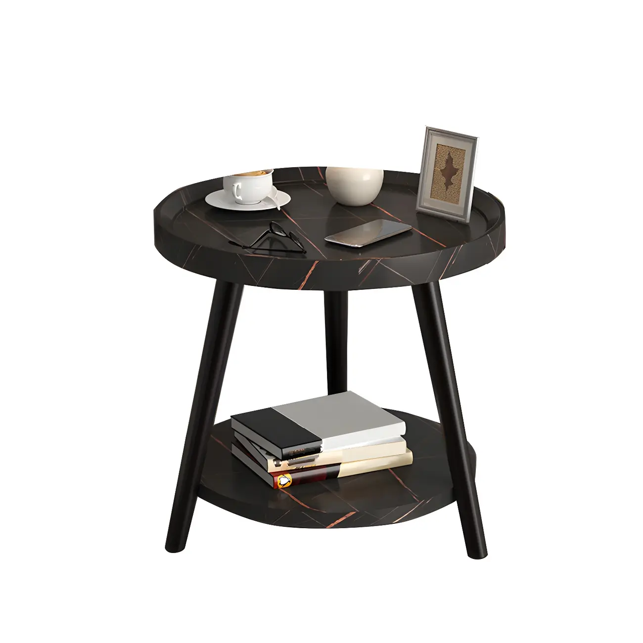 Natural Espresso Wood Small Round End Side Table with Tray Top & Shelf