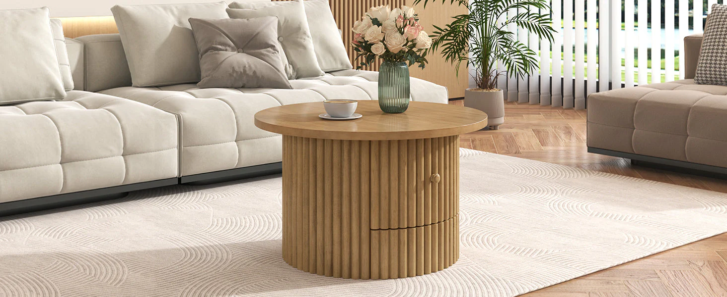 Walker Edison | Reeded Round Coffee Table with a Drawer
