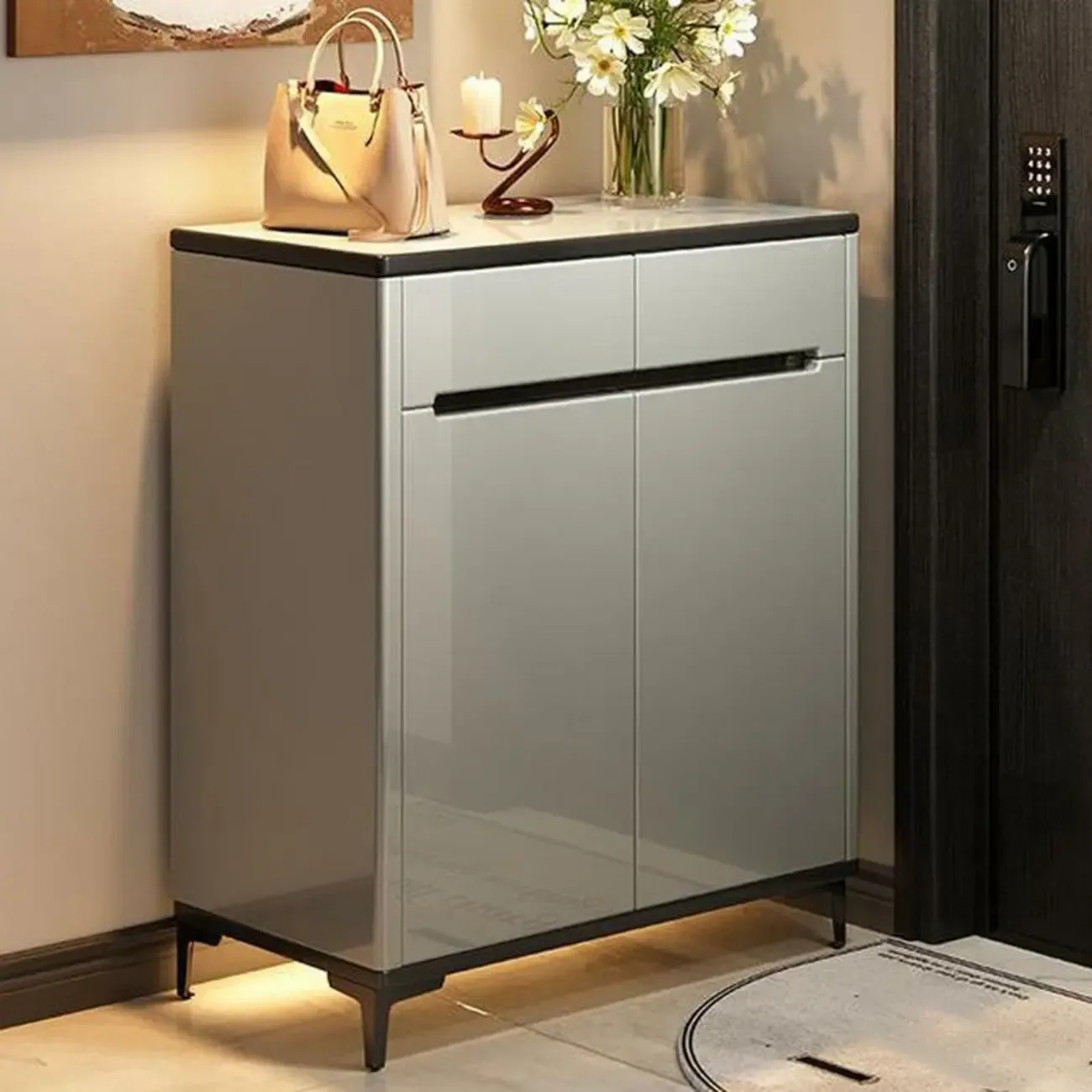 Sleek Entryway Wooden Shoe Storage Cabinet with Glass Top