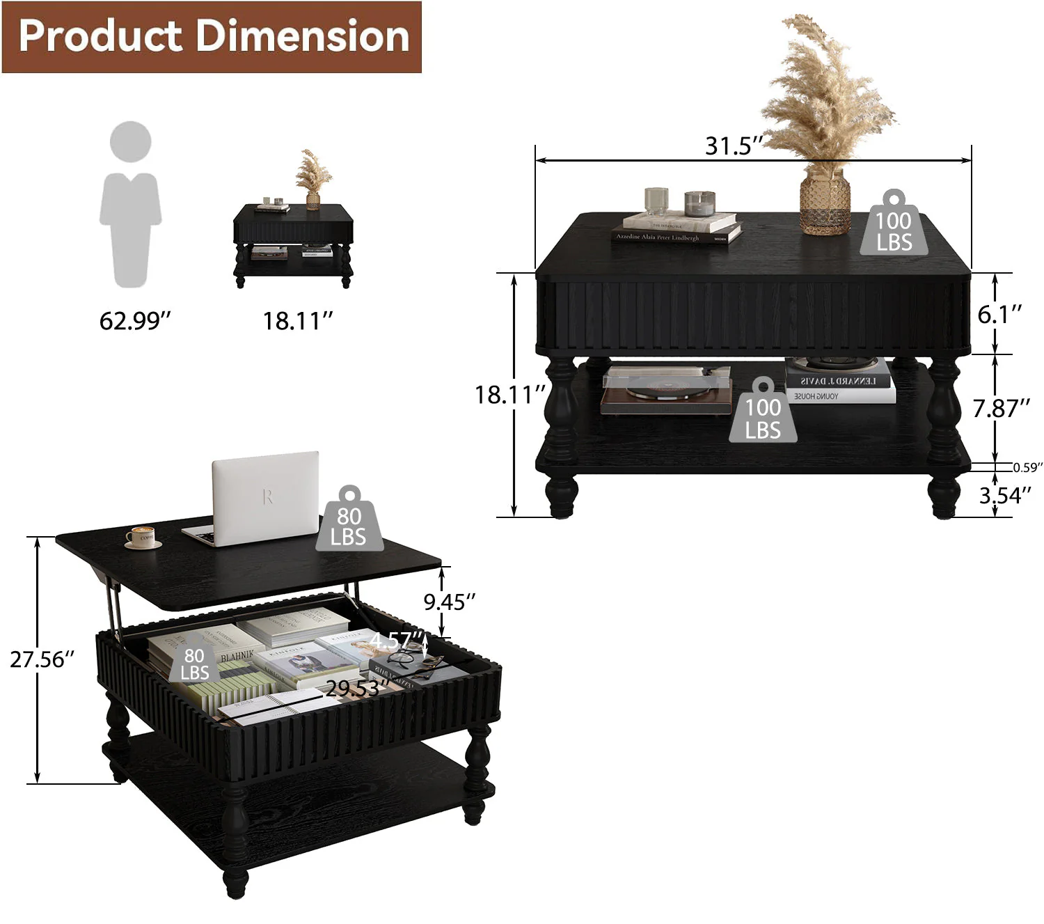 Walker Edison | Lift-Top Elevated Traditional Fluted Coffee Table