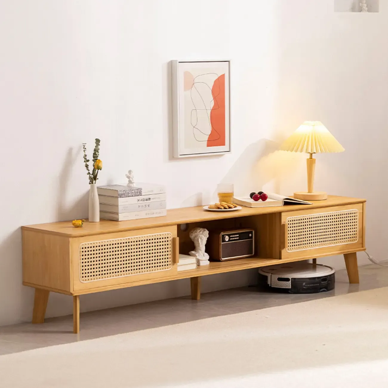 Modern Wooden TV Stand with Cabinets and Storage