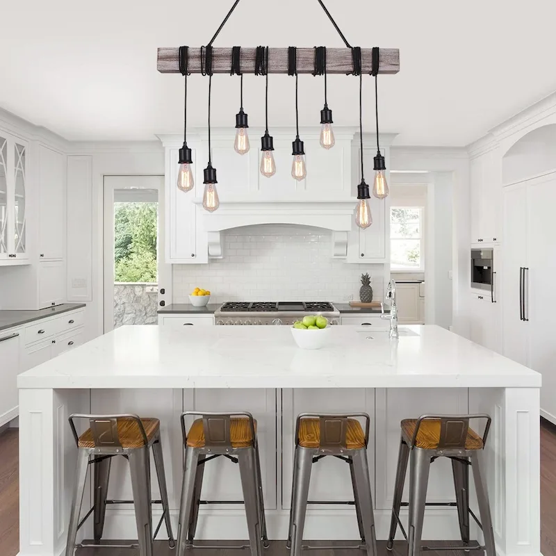 8-light Wooden Rope Kitchen Island Linear Pendant - Black
