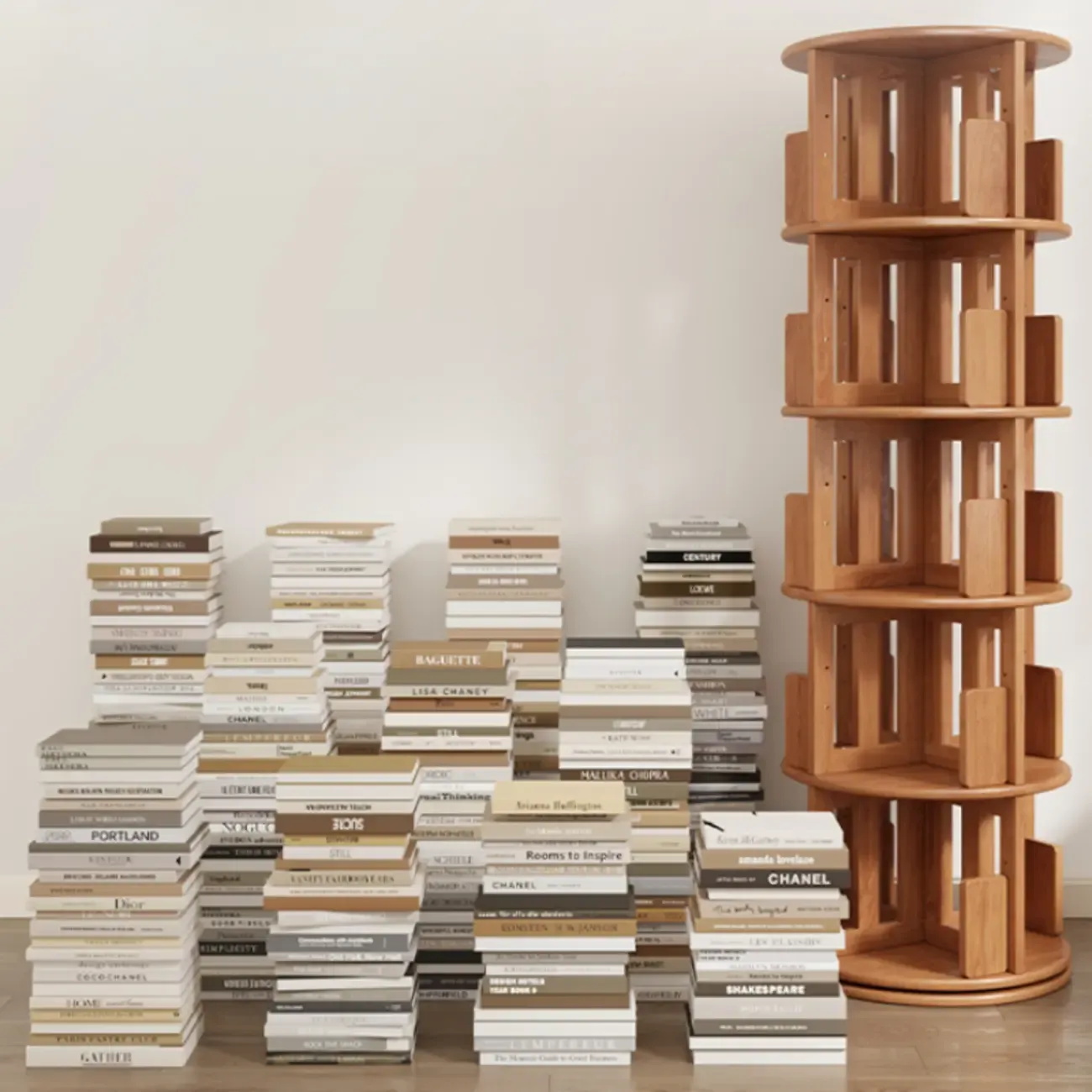 Narrow Cherry Wood Vertical 6 Shelf Rotating Bookshelf