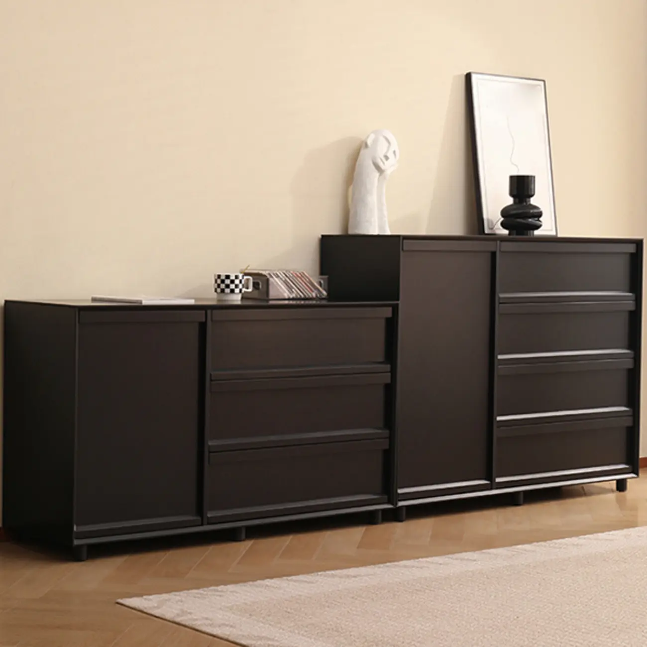 Industrial Wood Dresser with Drawers and Smooth Metal Rail