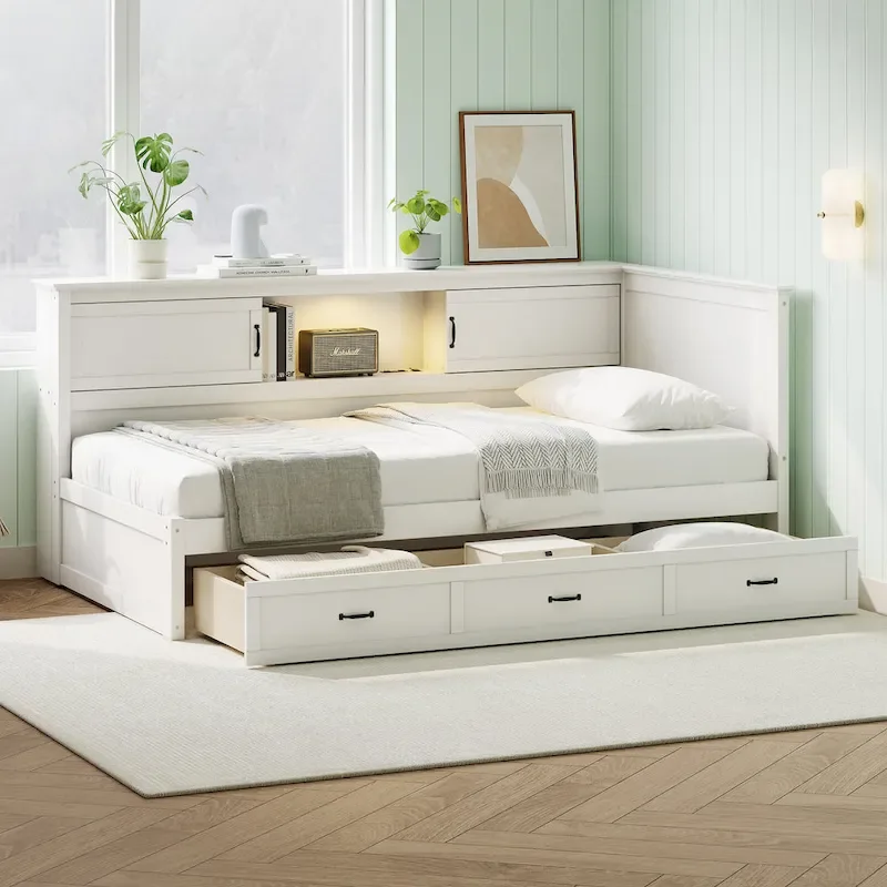 L-Shaped Corner Bed Frame with Drawer, Bookcase, LED Downlight and USB Port