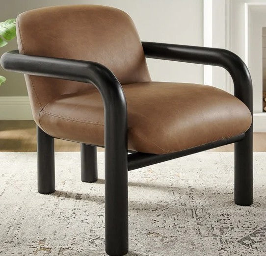 Modern Curve Wood Frame Faux Leather Accent Chair